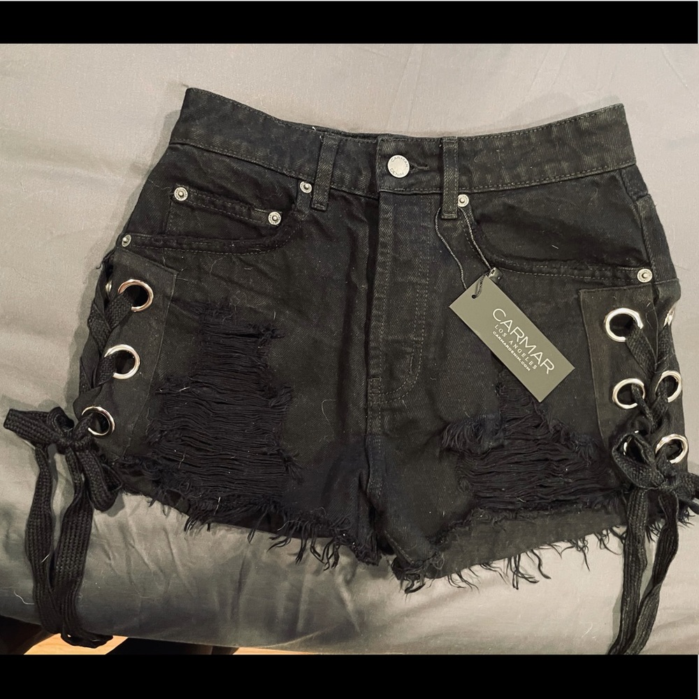 Carmar denim destructed shorts with lace up